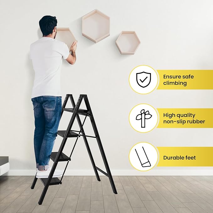 FAHKNS 4 Step Ladder, Aluminum Light Folding 4 Step Stool with Non-Slip Wide Pedal (7.9Inch), 330Lbs Capacity Stepping Stool, Step Ladder 4 Step Folding for Office,Household,Kitchen, Black