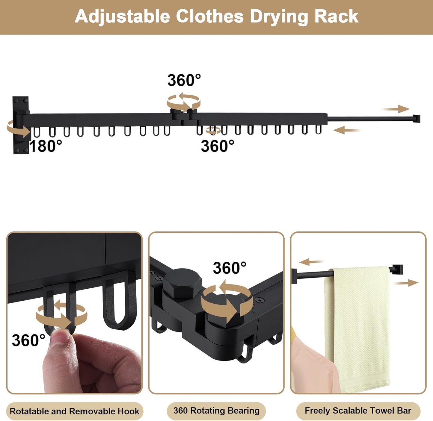 Bakala Clothes Drying Rack Foldable, Laundry Drying Rack Clothing Wall Mounted, Clothing Racks for Hanging Clothes, Heavy-duty Space Saving Hanger,Retractable,Expandable,Collapsible, 64" (Hooks,Black)