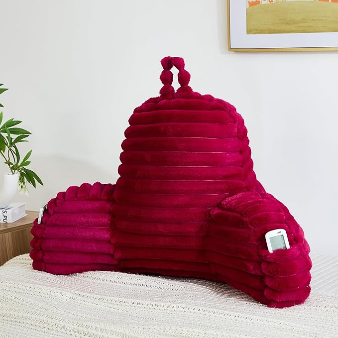 Faux Fur Fluffy Burgundy Reading Pillow with Pockets, Luxury Striped Plush Decorative, Arm Rests and Back Surport for Bed Rest, Lounging on Sofa, Standard
