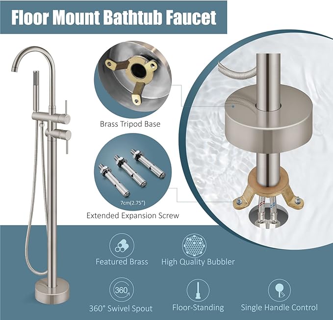 Aolemi Floor Mount Bathtub Faucet Freestanding Tub Filler Standing High Flow Shower Faucets Shower Mixer Taps, Swivel Gooseneck Spout with Cylinder Handheld Brushed Nickel