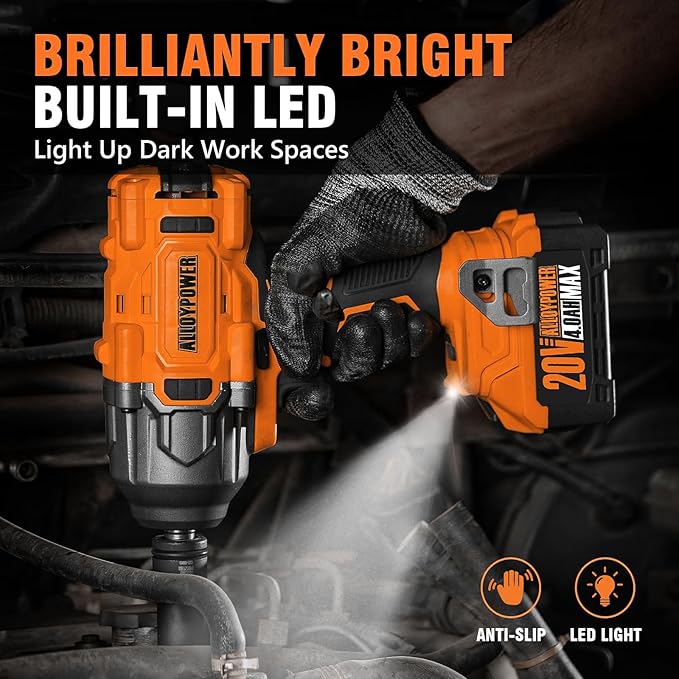 ALLOYPOWER Cordless Brushless Impact Wrench, 1475 ft-lbs (2000N.m), 1/2 High Torque power impact gun, 3-Mode Speed, 4000mAh Battery, 3 Sockets, Electric Impact Wrench Set for Car Tire Truck RV Mower