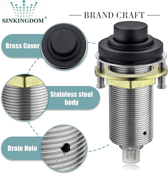 SinkTop Air Switch Kit (Long Full Brass Button) for Disposal, Dual Outlet, (Matte Black)
