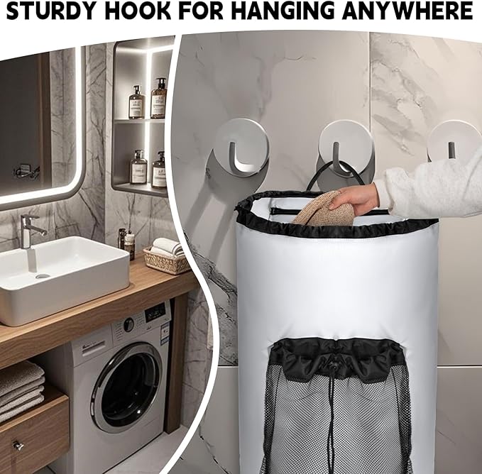 Laundry Bag Backpack with Shoulder Straps and Mesh Pocket Foldable Laundry Hamper for College, Apartment, Laundromat (White)