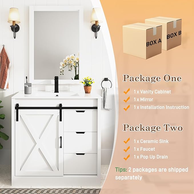 36 Inch Bathroom Vanity with Sink & Faucet & Mirror, Farmhouse Bathroom Vanity Cabinet Set with Sliding Barn Door & Drawers, Small Single Bath Storage Vanity Sink, White