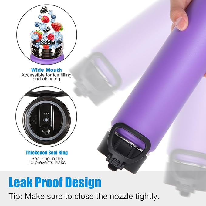 Volhoply 24 Ounce Insulated Water Bottle With Straw Lid,Stainless Steel Wide Mouth Sport Bottles With Handle,Double Wall Vacuum Thermos keep Cold,Reusable Travel Thermal Cups For Holder,Gym(Purple,1)
