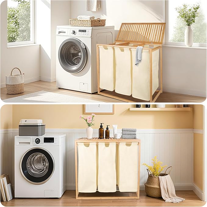 Bamboo Laundry Hamper 3 Section with Lid, 150 L Laundry Sorter with Pull-Out Removable Washable Bags, 3 × 12.5 Gal Divided Laundry Baskets for Laundry Room, Bathroom (Beige)