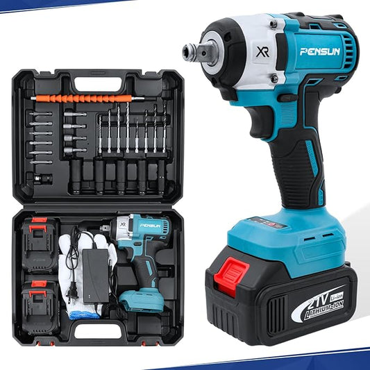 PENSUN Cordless Impact Wrench With Work Light, 3000 RPM & Max Torque 260 ft-lbs Brushless Impact Wrench, 1/2 Impact Gun with 2pcs 4.0Ah Li-ion Battery
