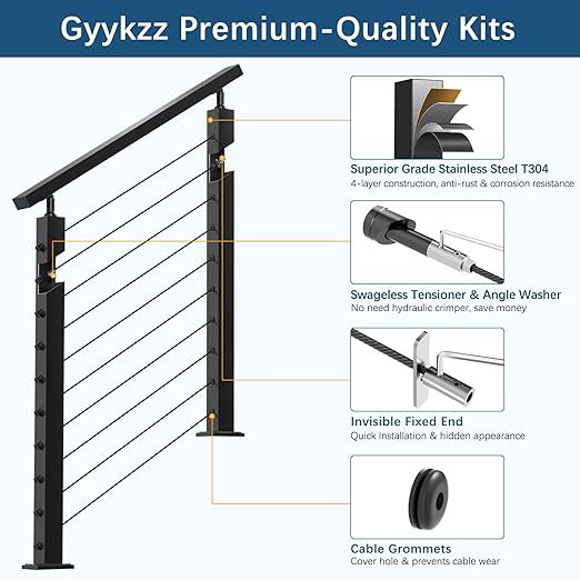 2 Pack Economical Stair Cable Railing Post Kits 36", Stainless Steel T304 Deck Stair Railing System with Swageless Tensioner, Upgraded Black Powder Coated Stairway Post Kits with DIY Length
