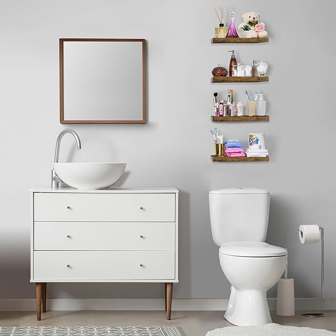 Sorbus Floating Shelves for Wall, Bathroom Shelves Wall Mounted for Kitchen, Bedroom, Living Room, Bathroom Storage, Over Toilet, Hanging Book Shelf for Ｗall Home Decor (Rustic Brown, 4 Pack)