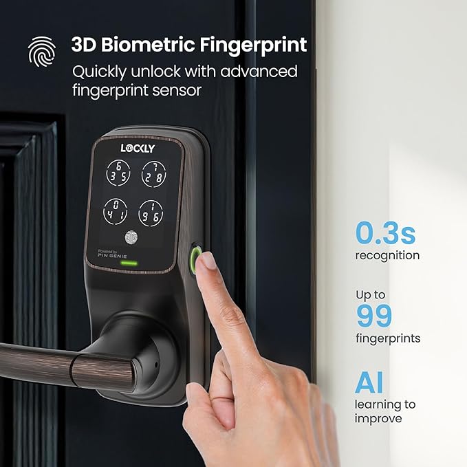 Lockly Secure Plus Bluetooth Smart Door Lock, Keyless Entry with PIN Genie® Digital Keypad, 3D Biometric Fingerprint Sensor Front Door Lock with Handle, Voice Control & Auto Lock - Latch Edition