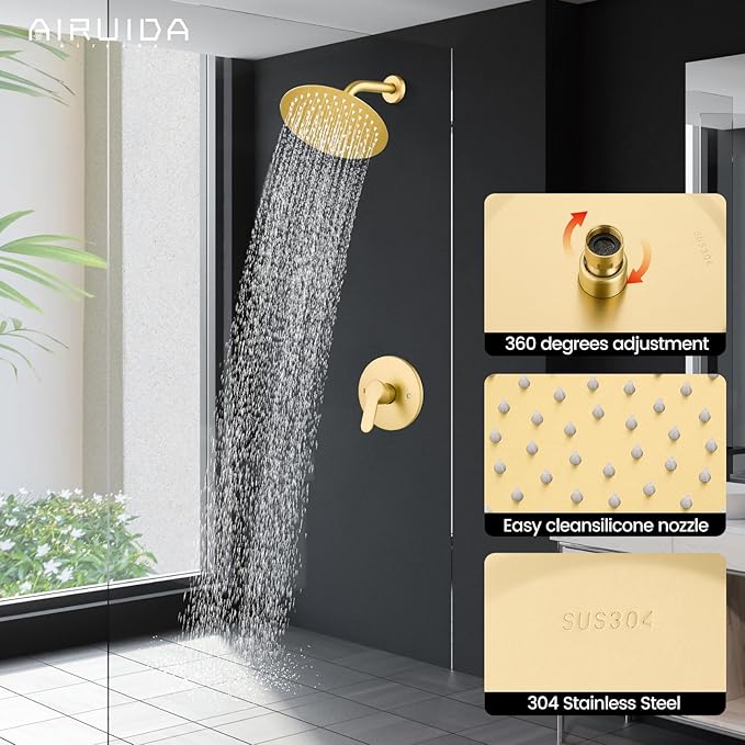 Airuida Shower Faucet Set,8 Inch Round Rainfall Shower Head,SUS304 Stainless Steel Single Handle Shower Trim Kit,Wall Mount Bathroom System with Female Threads Valve Brushed Gold