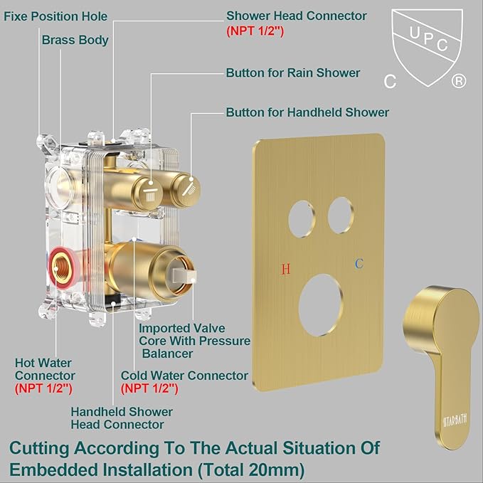 Brushed Gold Shower System, STARBATH 12 inch Rainfall Shower Head with Handheld Combo Set, Push Button Diverter 2 Functions Simultaneous Use, Bathroom Shower Faucet Set Rough in Valve Body and Trim