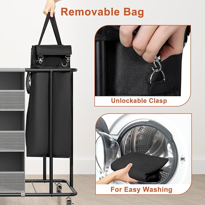 WOWLIVE Laundry Sorter 2 Section 200L Rolling Laundry Hamper with Hanging and Removable Bags Laundry Cart with Steel Frame and Storage Unit Large Basket Organizer for Dorm, Bathroom (Beige and Black)