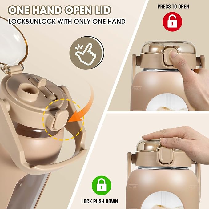 Glass Water Bottles 64 oz - Large Half Gallon Motivational Water Bottle with Time Marker Straw Phone Holder Handle, 64oz Daily Water Intake Jug with Silicone Sleeve for Office Work Gym Sandy Beige