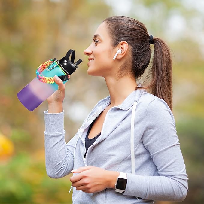 32 40/64/128 oz Flask Water Bottles Insulated - with Straw Auto Spout Lid, Water Bottle Stainless Steel Keep Cold 48H Hot 24H, Metal Water Bottle with Strap, Paracord Handle, Protective Boot