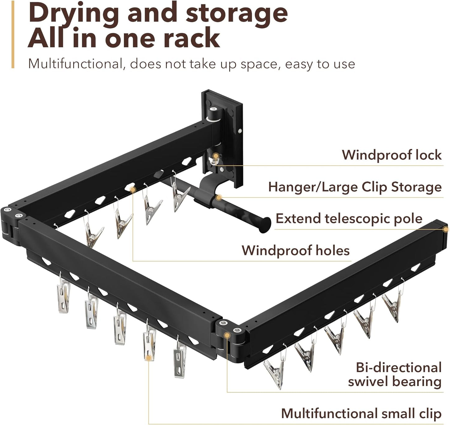 Wall Mounted Clothes Hanger, Aluminum Clothes Drying Rack, Space Saver, Retractable, Windproof Holes, with Clips