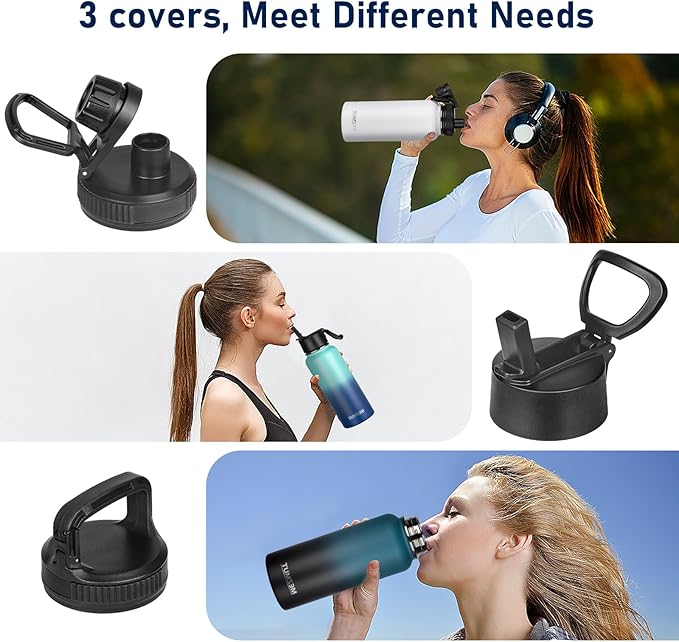 Insulated Water Bottle with Straw&3 Lids 40oz Stainless Steel Water Bottles Sports Metal Water Bottle Double Walled Vacuum Insulated Bottles Thermos Leak-Proof Travel Thermal (Gradient Blue)