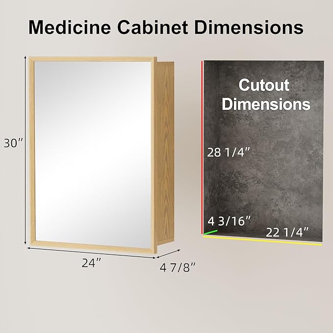 24x30 Inch Wooden Medicine Cabinet with Mirror, Surface or Recessed Mounted Bathroom Cabinets with Door, Adjustable Tempered Glass Shelves, Soft-Close Hinge, Wall Storage, Oak Wood Frame