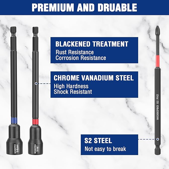 WORKPRO 16-Piece Magnetic Nut Driver Set and Bit, 6" Long Nut Drivers, Metric & SAE Nut Drivers for Impact Drill, Long Shank Nut Driver Bits, 1/4"Hex Shank, Long Power Bits, PH2, with Sturdy Tool Box