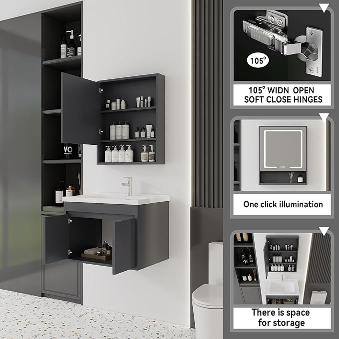 28'' Bathroom Vanity with Ceramic Sink Combo and Medicine Cabinet Mirror with Led Light/Defog, Wall Mounted Small Bathroom Vanity with Soft-Close Door Modern Floating Cabinet, Gray(No Faucet)