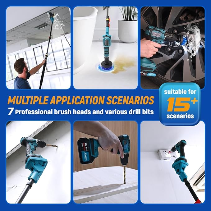 Cordless Telescoping Cleaning Tools&Power Drill with 2-Max 20V Batteries and 2.0A Charger 2-in-1 Cordless Pole Drill 5.3 to 15-Feet with 180° Telescoping Pole Include 7Pcs Drill Brushes