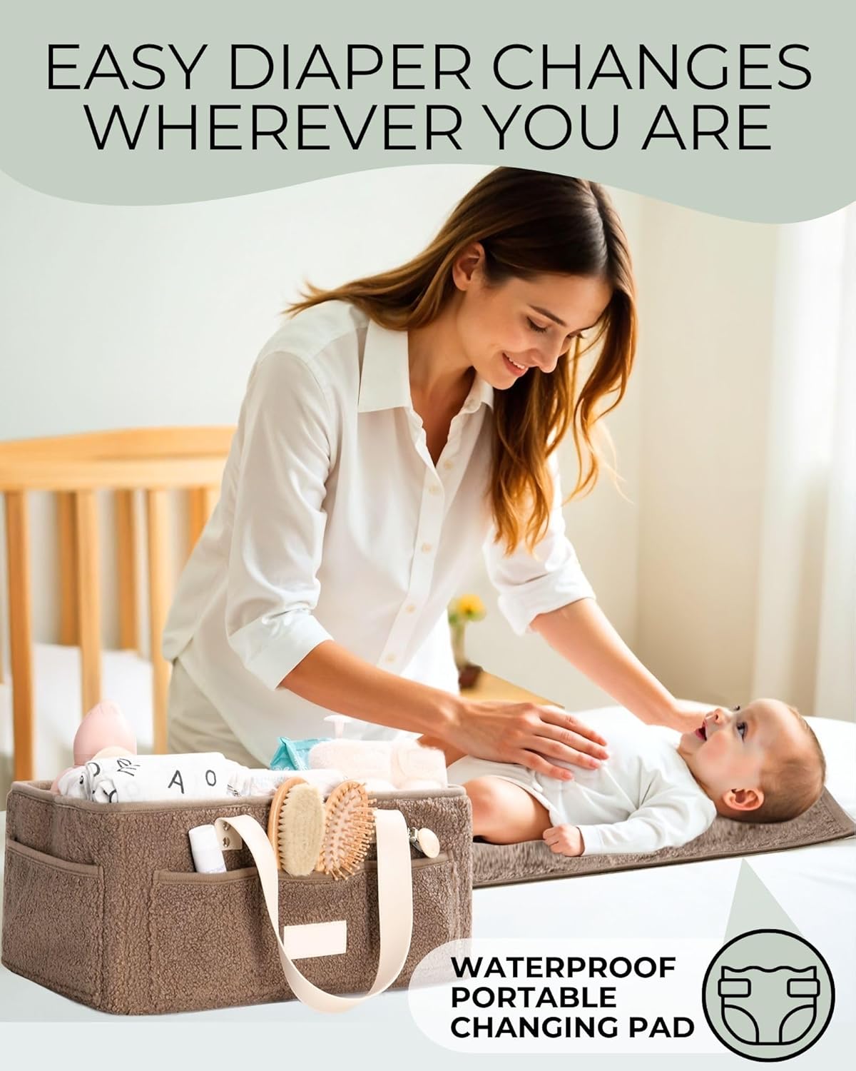 Baby Diaper Caddy Organizer with Portable Changing Mat - Teddy Fleece Diaper Organizer for Changing Table - Basket for Changing Essentials - Baby Essentials Organizer with Removable Dividers