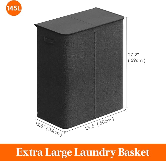 Lifewit Double Laundry Hamper with Lid and Removable Laundry Bags, Large Collapsible 3 Dividers Dirty Clothes Basket with Handles for Bedroom, Laundry Room, Closet, Bathroom, College, 145L Dark Gray