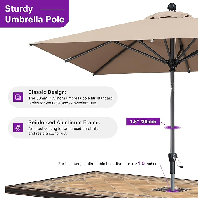 PURPLE LEAF 6.5' x 6.5' Square Patio Umbrella Outdoor Table Umbrella Aluminum Frame Market Umbrella Sun Umbrella with 8 Sturdy Ribs Tilt for Garden Deck Lawn Pool Light Taupe