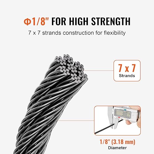 VEVOR 1/8 Black Stainless Steel Cable, 500 FT 316 Black Cable Railing Kit, Cable Railing System Wire Rope with Cutter & Gloves, 7x7 Strands Core Marine Aircraft Cable for Handrail Stair Deck Fence