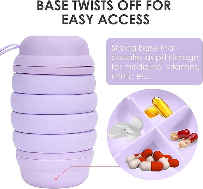 Collapsible Water Bottle, Reusable Water Bottle, Travel Water Bottle, Pill Storage, On the Go, Outdoors, Lunch Water Bottle, BPA Free, Vitamin Storage. (Purple)