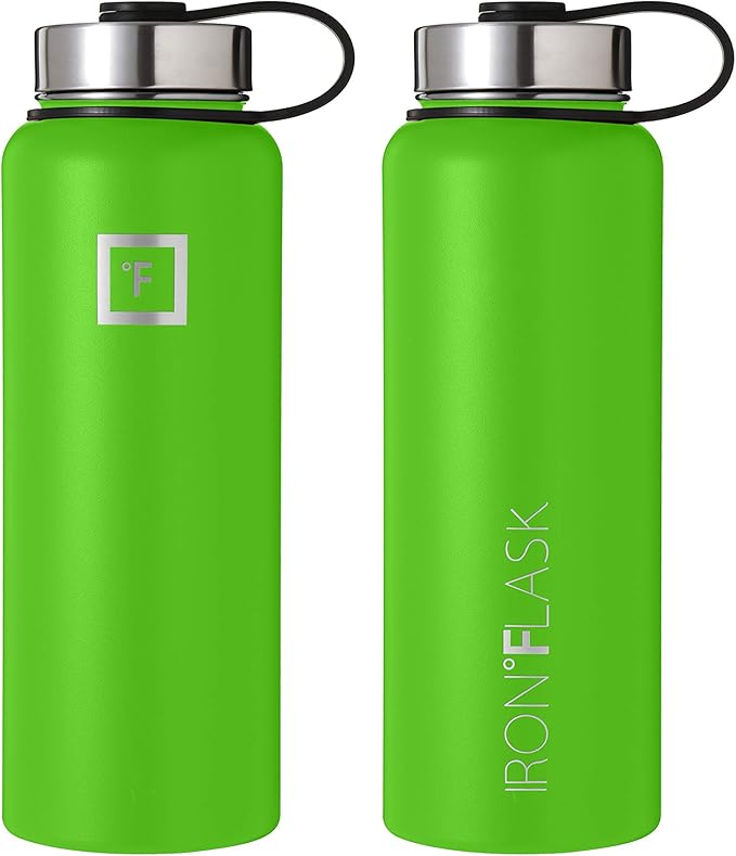 IRON °FLASK Camping & Hiking Hydration Flask, Wide Mouth, 3 Spout Lids, Stainless Steel Outdoor Water Bottle, Double Walled, Insulated Thermos, Metal Canteen - Kiwi Green, 40 Oz