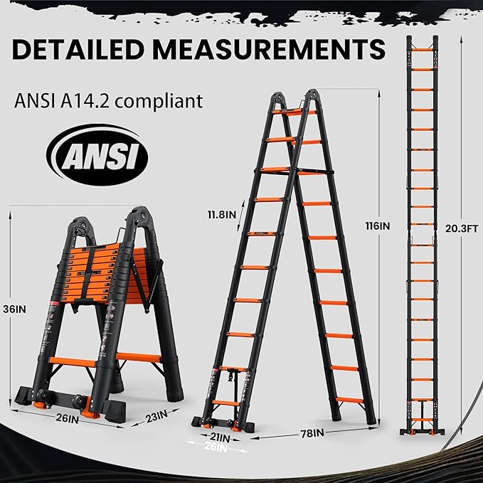 20.3 FT Telescoping A Frame Ladder, 10 Step, ANSI Certified, Type I Heavy Duty, 330lbs Max Capacity, Aluminum Extension Ladder for Home, Roof, RV; Orange