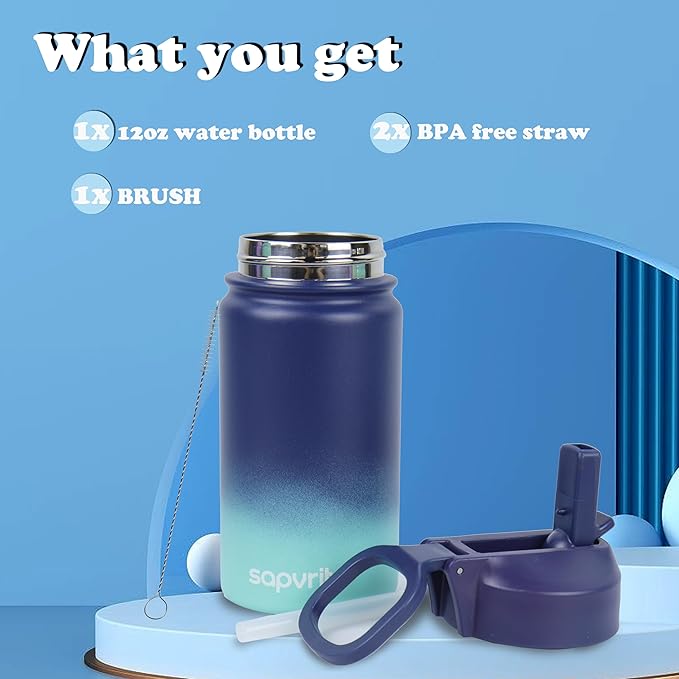 Kids Water Bottle, 12OZ Water Bottles Kids with Straw, Stainless Steel Vacuum Double Wall Insulated cup, Kids Water Bottle for School, Gifts for Boys (PURPLE BLUE, 12OZ)