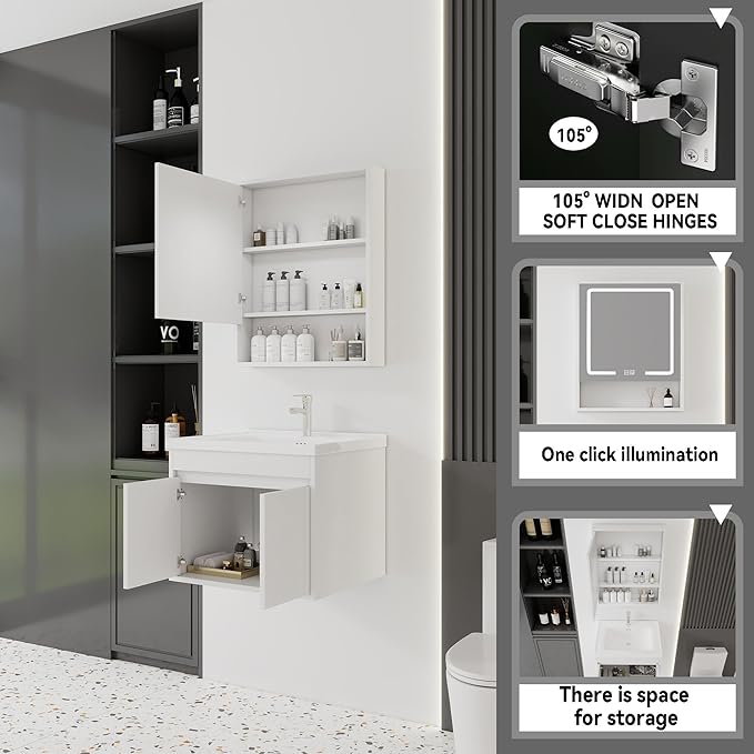 24'' Bathroom Vanity with Ceramic Sink Combo and Medicine Cabinet Mirror with Led Light/Defog, Wall Mounted Small Bathroom Vanity with Soft-Close Door Modern Floating Cabinet, White(No Faucet)