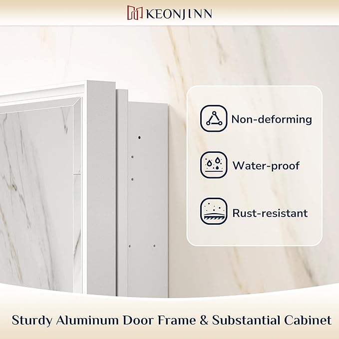 Keonjinn 21" x 27" White Medicine Cabinet with Mirror, Recessed or Surface Wall-Mounted Aluminum Alloy Framed Beveled Mirror, Single Door Farmhouse Bathroom Cabinet with Storage