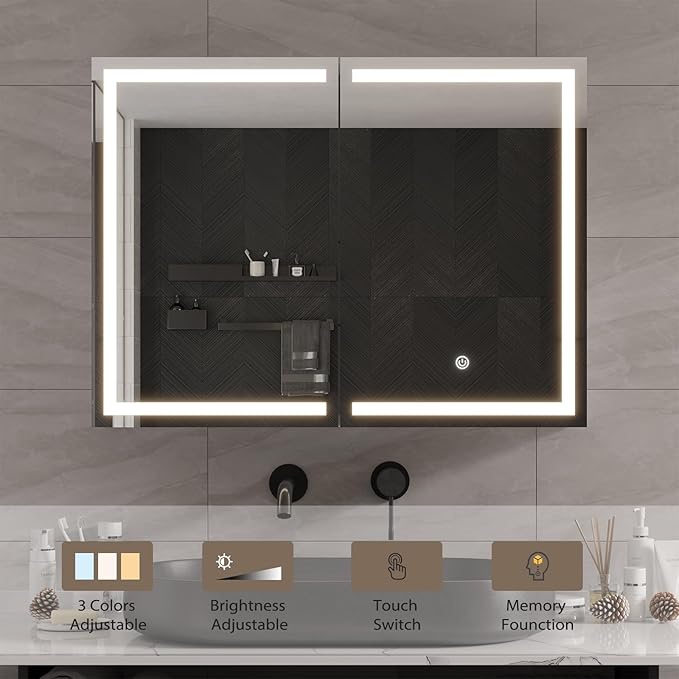DICTAC Bathroom Medicine Cabinet with Mirror and LED Light, Wall Mounted Bathroom Mirror with Storage, 2 Doors Bathroom Wall Cabinet, Memory Dimmable 3 Color Temp, Adjustable Shelves, 31.5''x23.6''