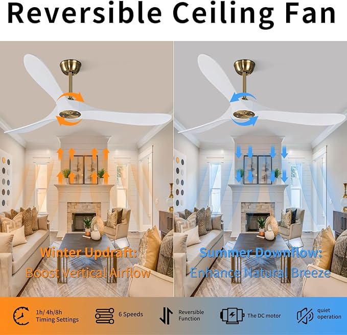 Bigzone 60" Indoor/Outdoor Ceiling Fan Without Light, Quiet Energy Saving DC Motor,3 White Balsa Wood Blades,Modern Ceiling Fan With Remote Control, Reversible Blades