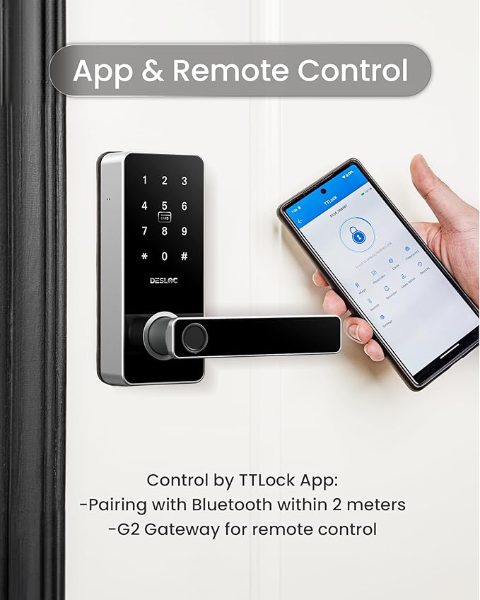 DESLOC B200L Fingerprint Smart Lock with Handle, Keyless Entry Door Locks, App Control, Touchscreen Keypad, 100 PIN Codes, Auto-Lock, 12-Month Battery, Emergency Power Port, IP54 Silver