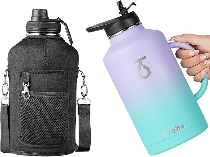 Trebo 64oz Water Bottle Insulated with Straw Lids,Half Gallon Double Wall Vacuum Stainless Steel Metal Large Jug with Handle,Wide Mouth Flask Mug with Carry Pouch,Keep Cold Hot,Ombre: Purple Green