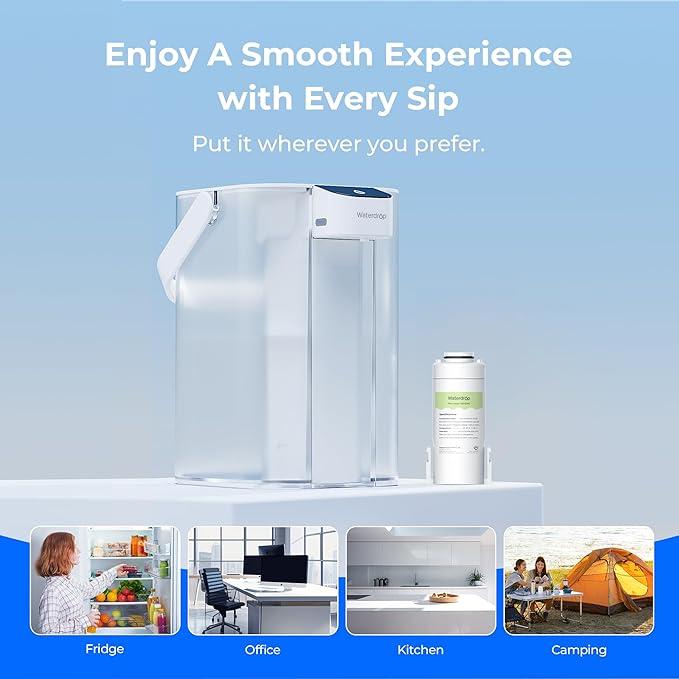 Waterdrop Chloramine Reduction Electric Water Filter Pitcher, Dispenser, 200-Gallon Long-Life Filtered Water Pitchers, NSF/ANSI 42, Reduce Chloramine, Lead, PFAS, 15-Cup, White, with 1 Filter