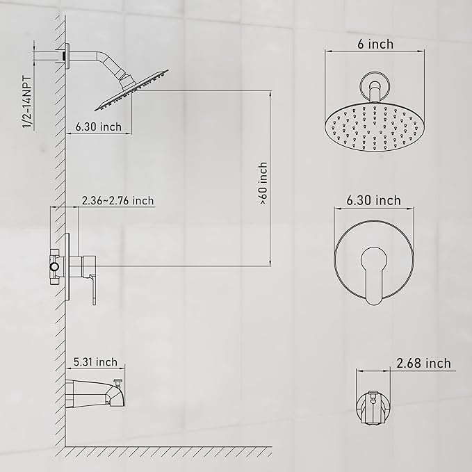 Tub Shower Faucet, Matte Black Shower Faucet Set with 6-Inch Rainfall Shower Head and Tub Spout, Shower Tub Faucet Set Complete (Included Shower Valve), Tub Shower Trim Kit, Matte Black