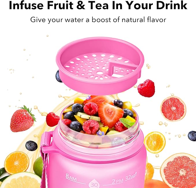 GOSWAG 32oz Motivational Water Bottles with Time Marker and Fruit Strainer, Sports Water Bottle with Times to Drink, Leakproof, Reusable Plastic Bottle with Strap no Straw for Gym, School