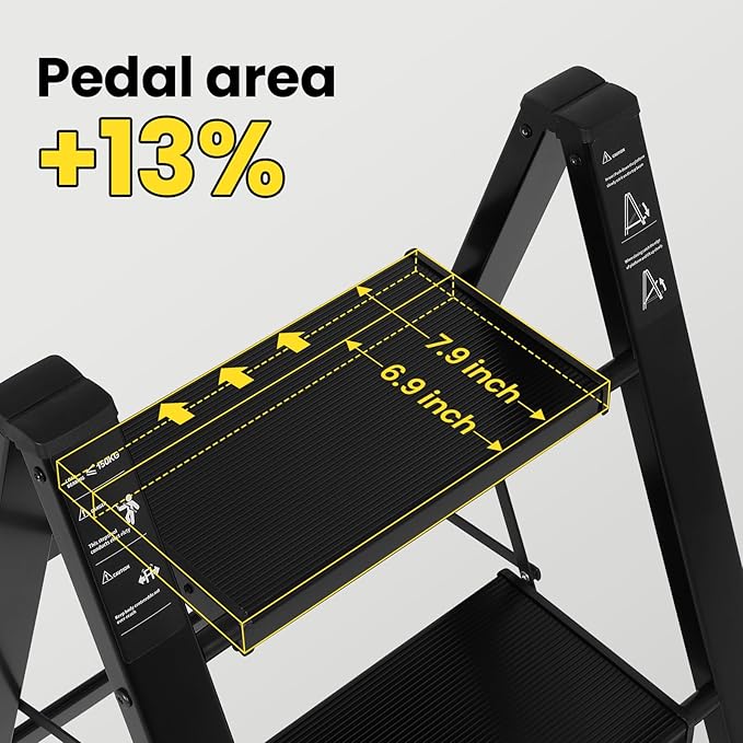 FAHKNS 2 Step Ladder, Aluminum Light Folding 2 Step Stool with Non-Slip Wide Pedal (7.9Inch), 330Lbs Capacity Stepping Stool, Step Ladder 2 Step Folding for Office,Household,Kitchen, Black
