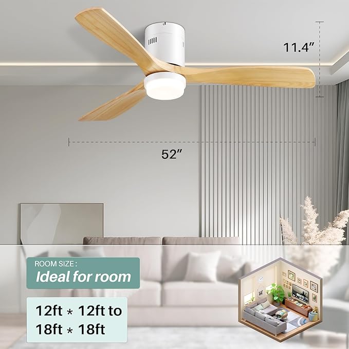 Sofucor Low Profile Ceiling Fan, Flush Mount Ceiling Fan with Lights and Remote Control, 52'' Wood Ceiling Fan with 3 Color Temperature & Adjustable Brightness, Burlywood