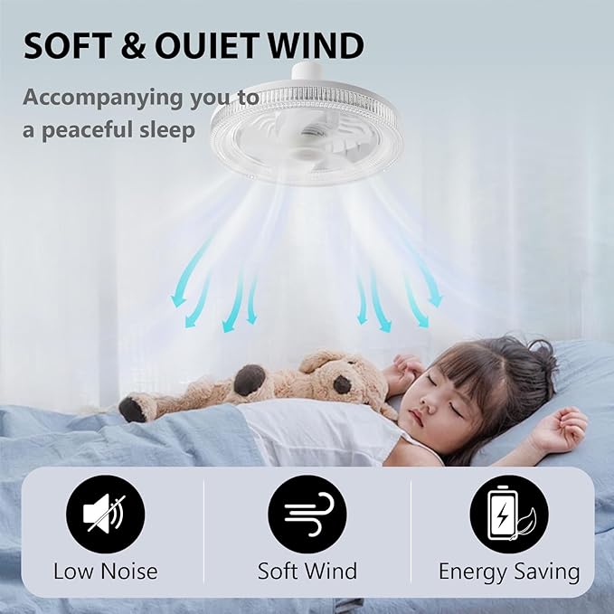 Socket Fan Light -9''Ceiling Fans with Lights,Mini Light Socket Fan with Led Light,White -6500k Lights Fan,Socket Room Fan for Bedroom,Garage