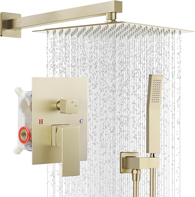 Shower Faucet set with Shower head, Wall Mount 10 Inch Round Rainfall Shower Head and Handle Set Single Handle Shower System Set with Female Threads Valve Body and Trim Included (Brush Gold)