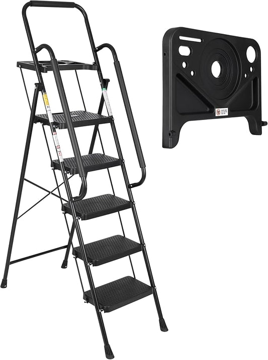 SIMPLI-MAGIC 5-Step Ladder, 800 LBS Capacity Folding Step Stool – Anti-Slip Wide Steps & Handgrip – ANSI Certified Lightweight & Durable Steel Stepping Stool for Kitchen, Home, Office & Garage