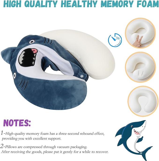 Kids Neck Pillow for Travel with Sleep Eye Mask, Cute Travel Neck Pillow, Memory Foam Cartoon Flight Sleeping Headrest Pillow for Boys & Girls, Airplane, Train, Car, Home Use - BigMouth Shark