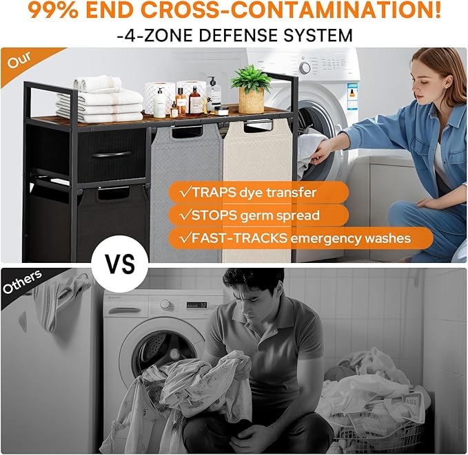 145L Laundry Hamper: Laundry sorter 3 Section - Laundry Room Organization and Storage with 4 Pull-Out Drawers, Removable Oxford Bags, Lockable Wheels & Sturdy Shelf for Home, Bathroom, Bedroom