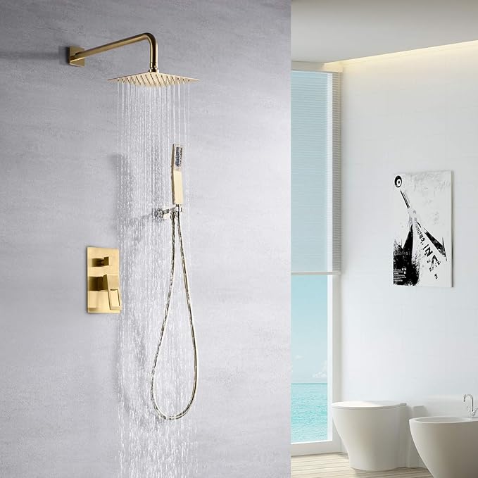 sumerain Brushed Gold Shower System Pressure Balance Shower Faucet, 8 Inches Square Rain Shower Head and Hand Shower, Including Rough-In Valve